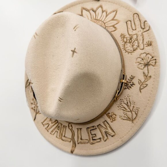 Morgan Wallen Custom Burned Wide Brim Fedora Feather Western Rancher Cowboy Hat main image 7